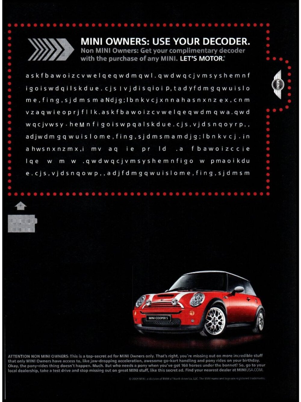 2007 Mini Cooper S Coupe Vintage Print Ad Decoder Ring Man Cave Wall Art Photo